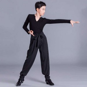 Boys kids black striped ballroom latin dance shirts and pants juvenile modern salsa waltz ballroom latin practice stage performance outfits